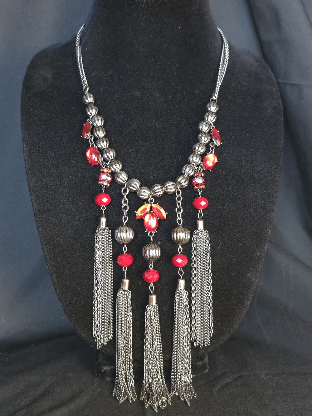 Vintage Silver-Tone Necklace with Red Accents - Women Jewelry